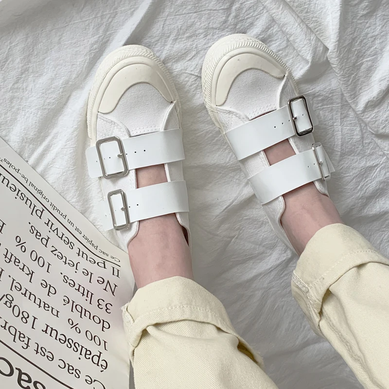 

Korean Canvas Shoes Woman Sneakers Student White Shoes Summer Fashion PU Metal Buckle Loafers Opera Slipper Buty Bambas Mujer