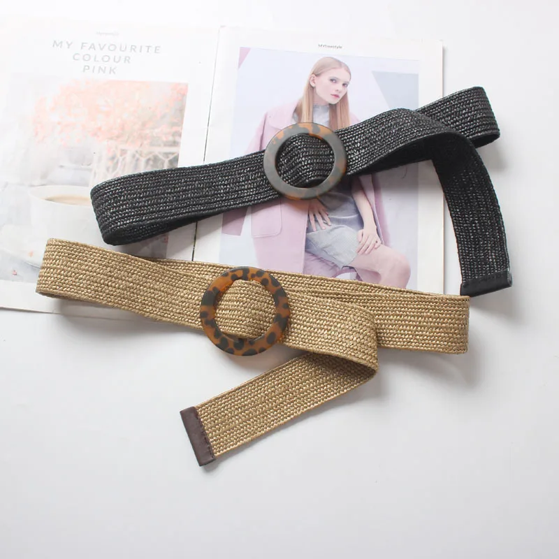 Ремень женский Плетеный с круглой пряжкой соломенный эластичный пояс для