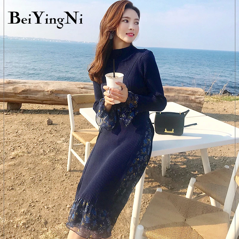 Beiyingni платье для женщин шифон цветочный принт поддельные две части миди вязать