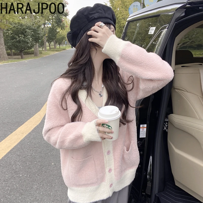 

Женский вязаный кардиган с карманами Harajpoo, свободный свитер из искусственной норки и бархата розового цвета в стиле Харадзюку на весну и ос...