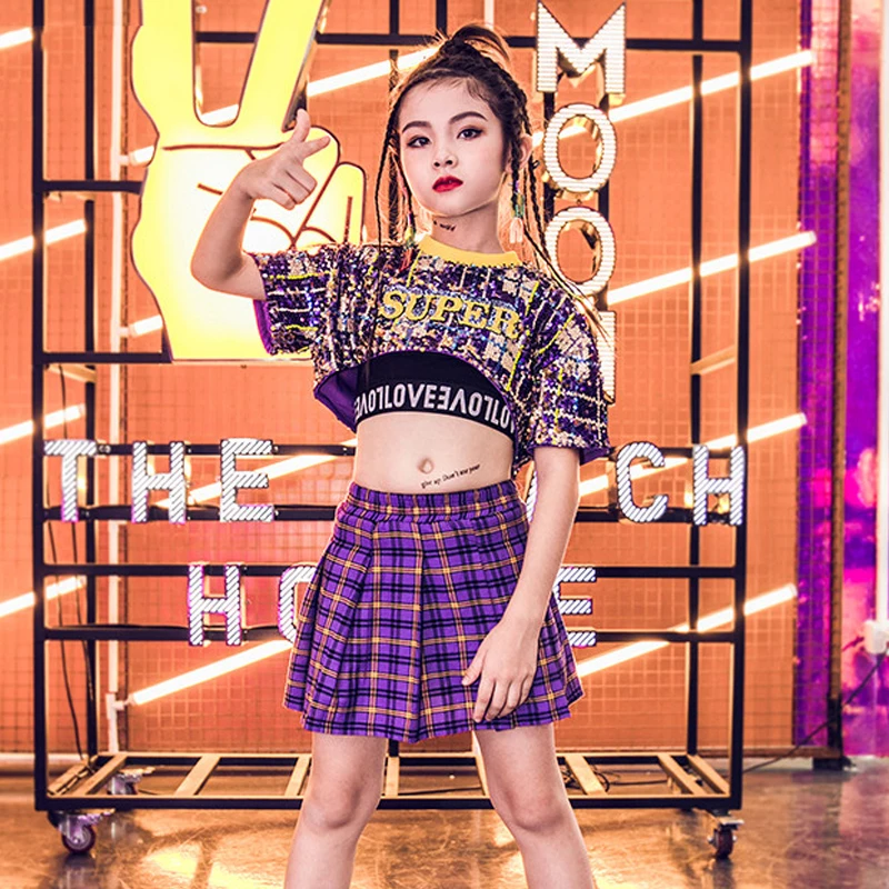 Girls Jazz Dance Costume Kids Hip Hop Purple Sequin Suit Children Street Performance Clothes Catwalk Show Outfit DQL1909 |