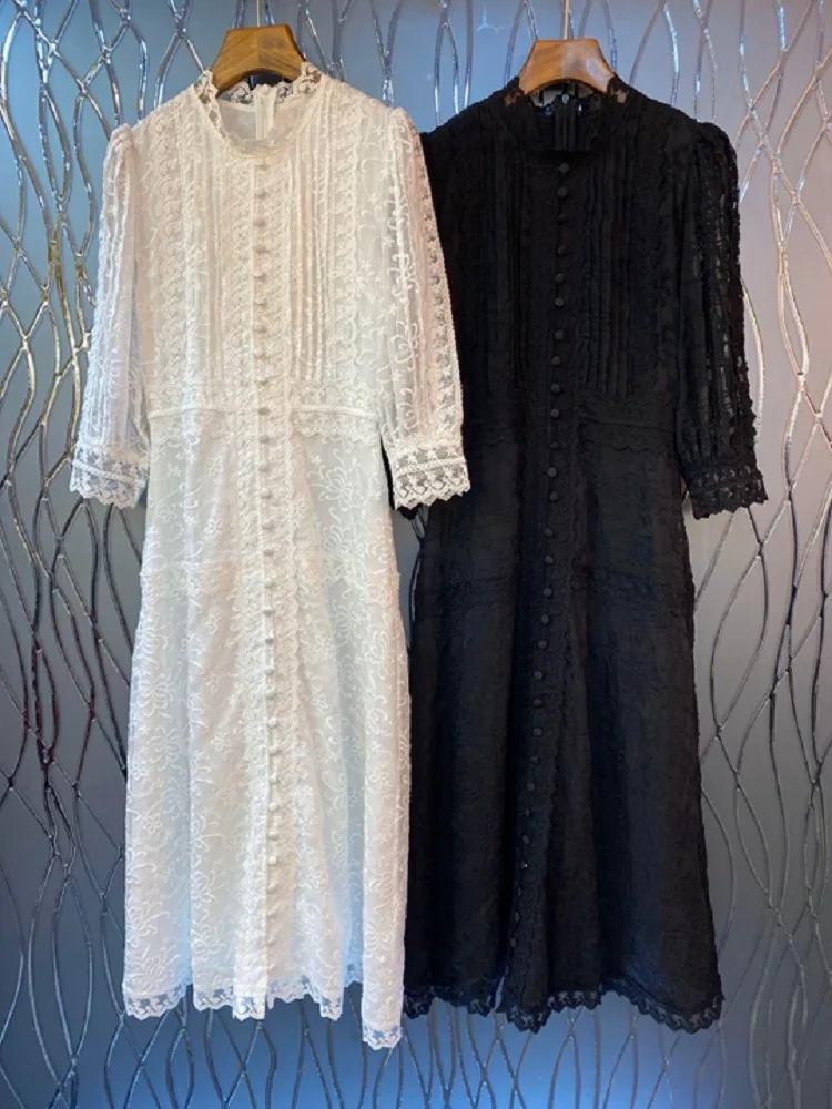

White Long Black Dress 2021 Spring Party Luxury Women Allover Exquisite Embroidery Vintage Buttons Deco 3/4 Sleeve Elegant Dress