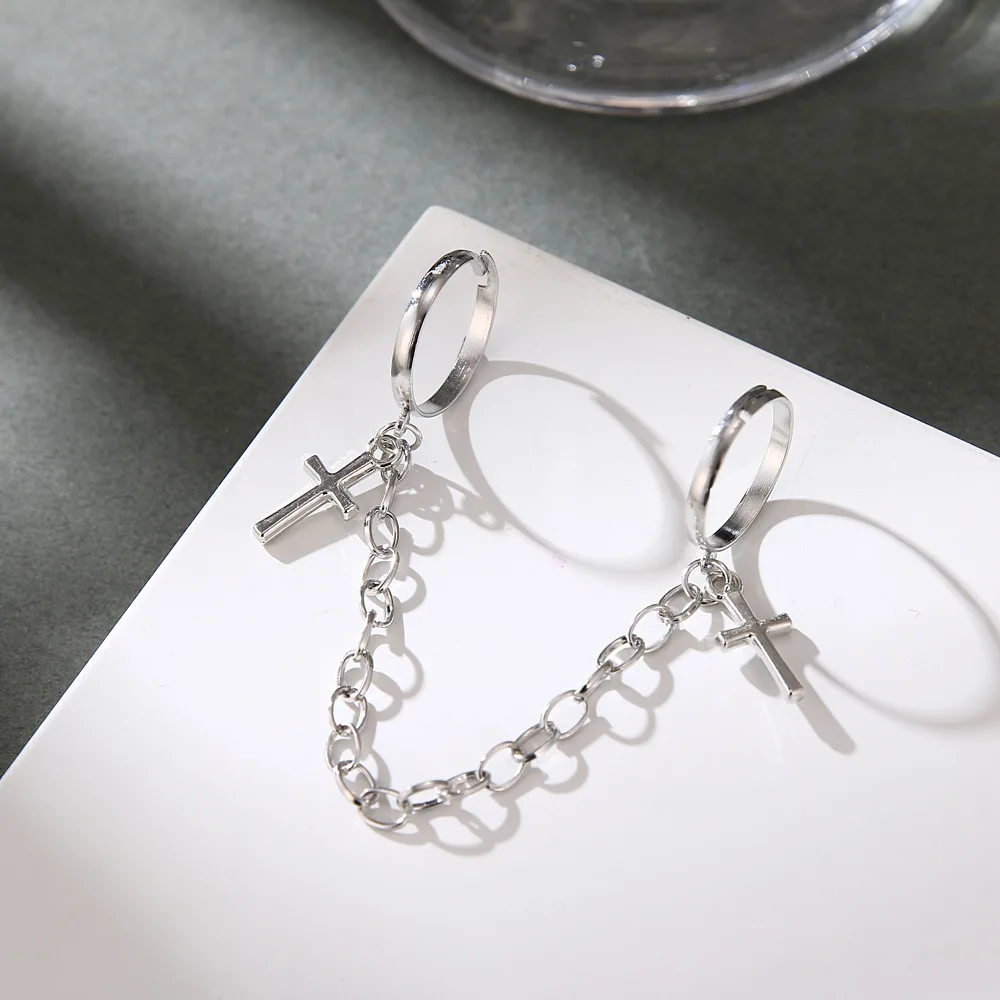 

Retro Punk Hip-Hop Cross Ring Hand Finger Chain Adjustable Rings Jewelry Gift for Men Women Unisex Chain Connection Double Ring