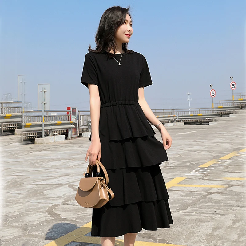 

4XL Plus Size Women Cotton Tshirt Dress Summer 2021 Short Sleeve Elastic High Waist Loose Casual Layered Ruffle Long Dresses