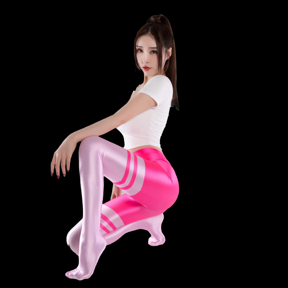 

Sexy Women Shiny Full Pencil Pant Oil Gloosy Candy Color Sexy Leggings Smooth Stripe Patchwork Pencil Pants Erotic Lingerie Pant