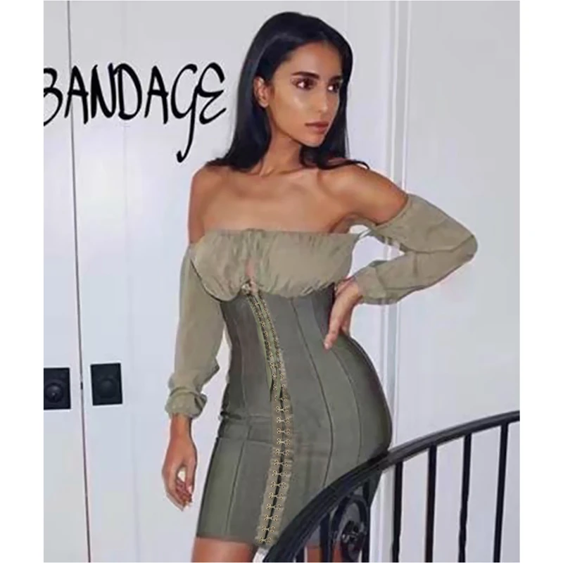 Женское платье с открытыми плечами облегающее мини болотного черного белого