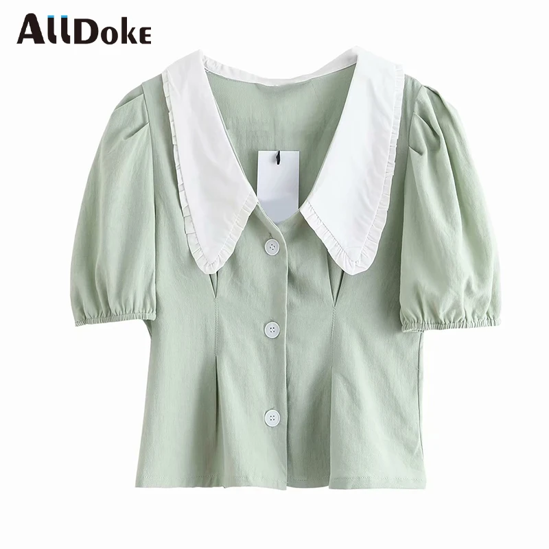 Женская винтажная блузка на пуговицах ALLDOKE зеленая летняя с отложным воротником