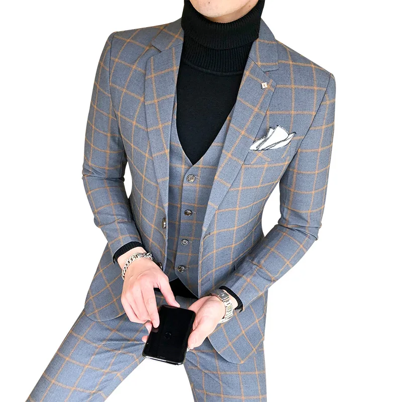(Пиджак + жилет + брюки) Модный клетчатый мужской повседневный деловой костюм 3 шт. в комплекте свадебное платье для жениха костюм для выступл... от AliExpress RU&CIS NEW