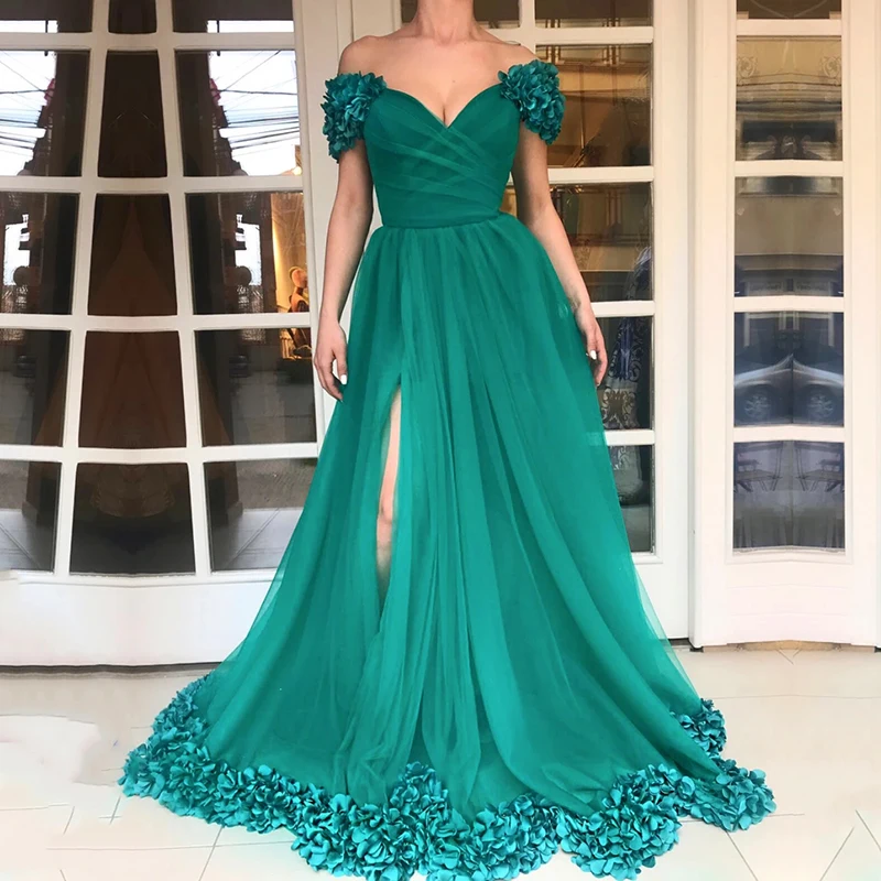 

Eightale Green Prom Dresses V-Neck Flowers A-Line Cap Sleeves High Split Party Dress for Graduation Evening Gown abendkleider