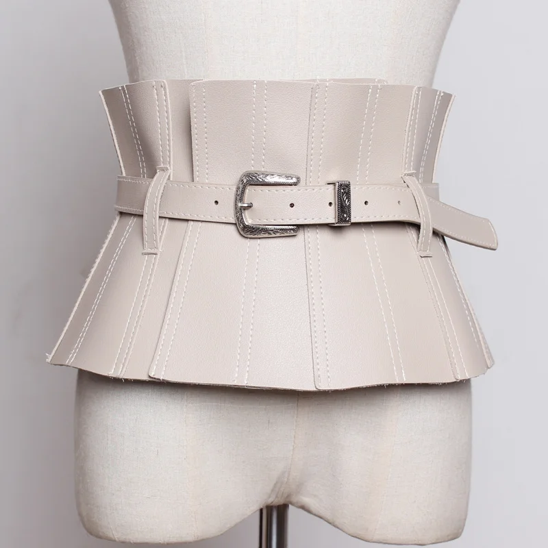 New Fashion Pu Leather Black Ruffles Buckle Split Joint Personality Wide Belt Women Fashion All-match Summer Accessories 2021