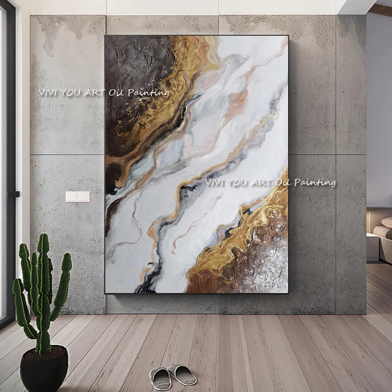 

The Abstract Modern Top Sales Hand-painted Original Thick Oil Painting Home Decor Canvas Wall Art Beach Gold Gray Sea Waves
