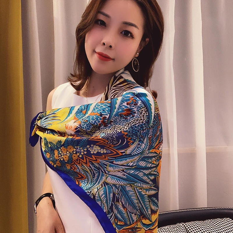 

2021 Модный женский шелковый шарф с изображением, популярная Высококачественная атласная пляжная шаль, летняя Солнцезащитная квадратная бан...