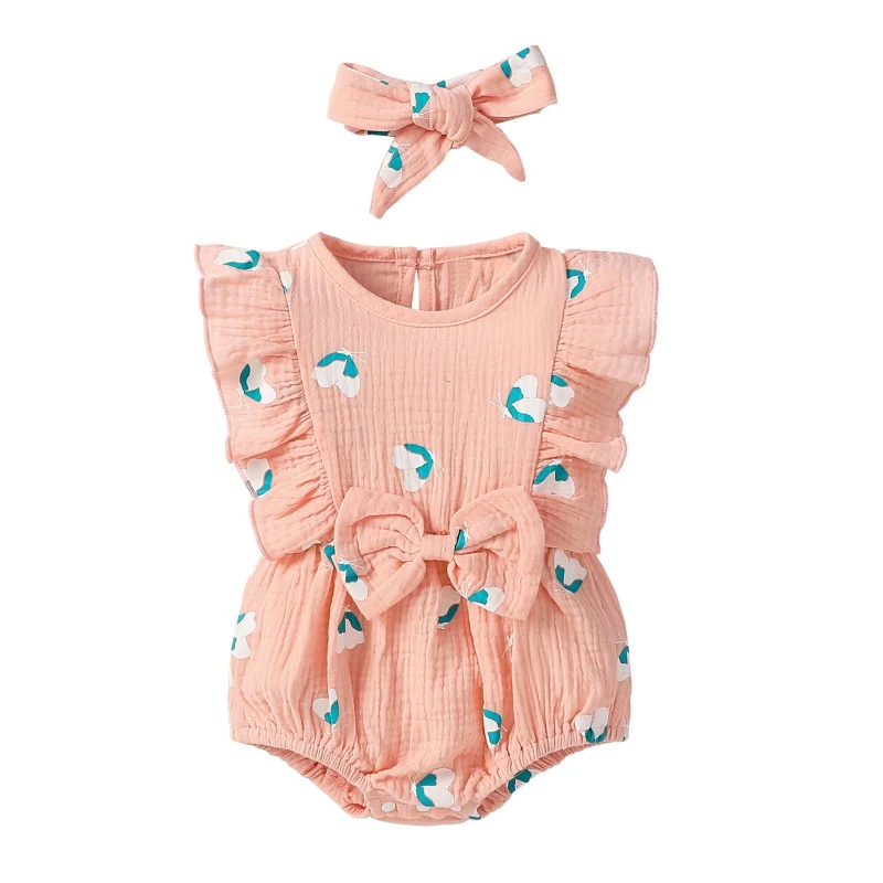 

Toddler Baby Girl Ruffle Short Sleeve Bodysuit Set Butterfly Print Romper Headband Clothes Outfits