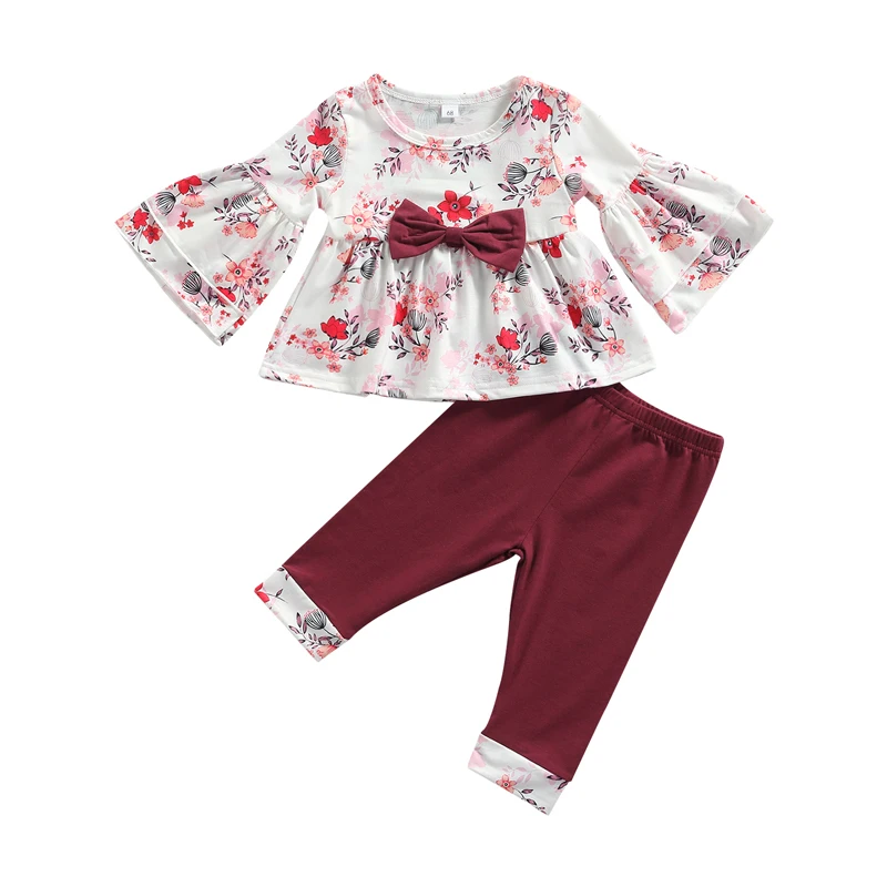 

Pudcoco 3-24M 2Pcs Baby Girls Long Flare Sleeve O-Neck Floral Print Bowknot Blouse Tops+Pants Outfit Sets