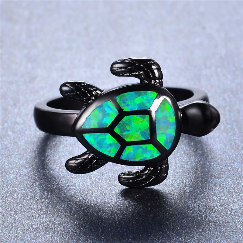 

Cute Female Blue Fire Opal Ring Vintage 14KT Black Gold Wedding Rings For Women Promise Love Turtle Animal Engagement Ring