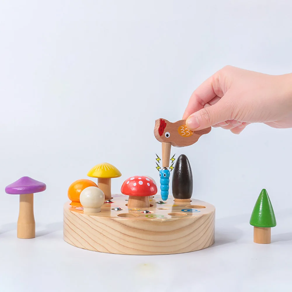 

Puzzle Magnetic Wooden Toy Woodpecker Catching Worm Game Picking Mushroom Montessori Educational Toys For Children