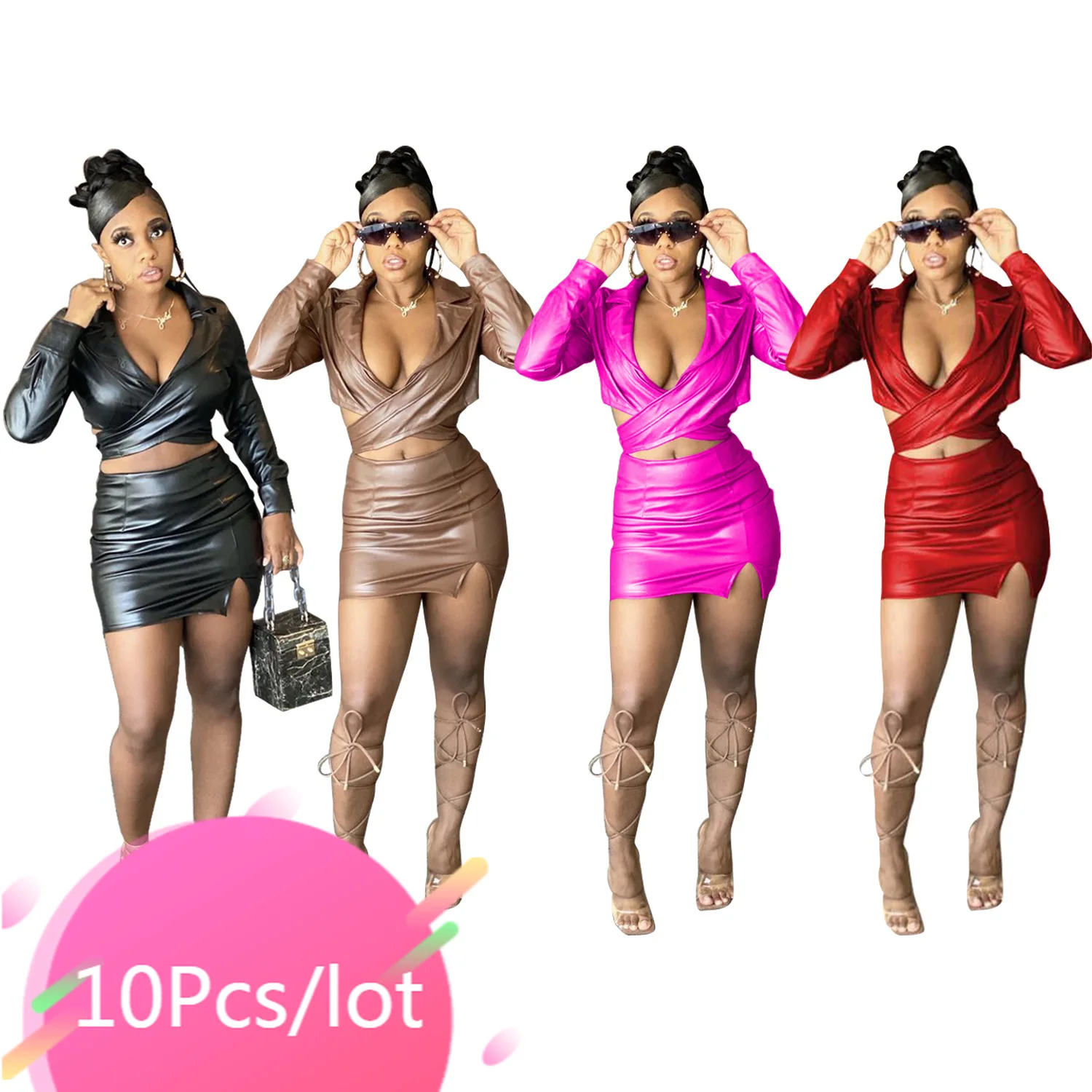 

Bulk Item Wholesale Lots Women Autumn Pu Leather Skirt Set Shining Turn Down Collar Bandage Tops Mini Dress Casual Street Wear