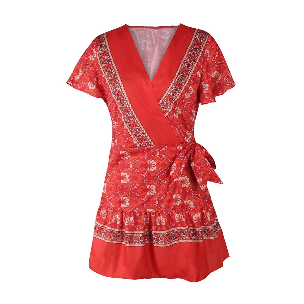 

Women Short Sleeve Vintage Ruffle Floral Wrap Boho Dress Ladies V Neck Split Party Dress Summer A Line Beach Sundress