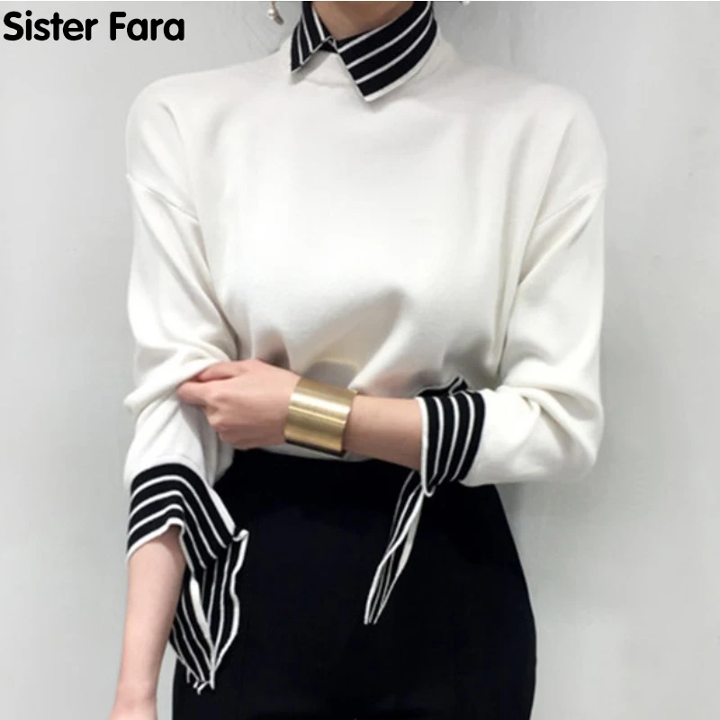 

Сестры Fara Демисезонный новый женский свитер облегающая блузка с длинным рукавом однотонные Цвет свитер в полоску; Вязаная рубашка универса...
