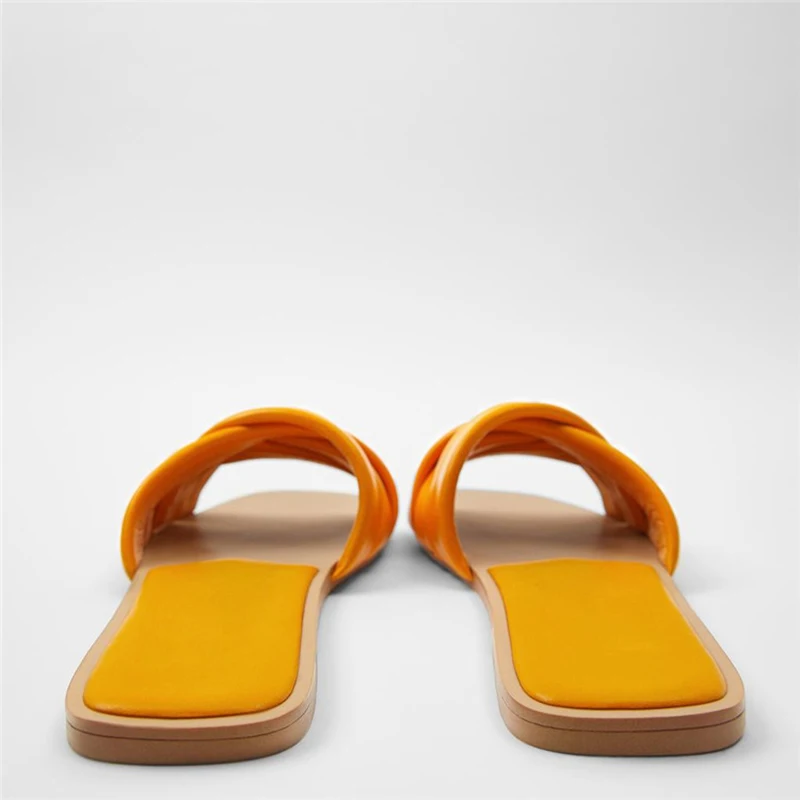 

Summer New Women Slides Orange Square Head Cross Belt Quilted Open Toe Flat Slippers Women Shoes Weave Casual Sandals