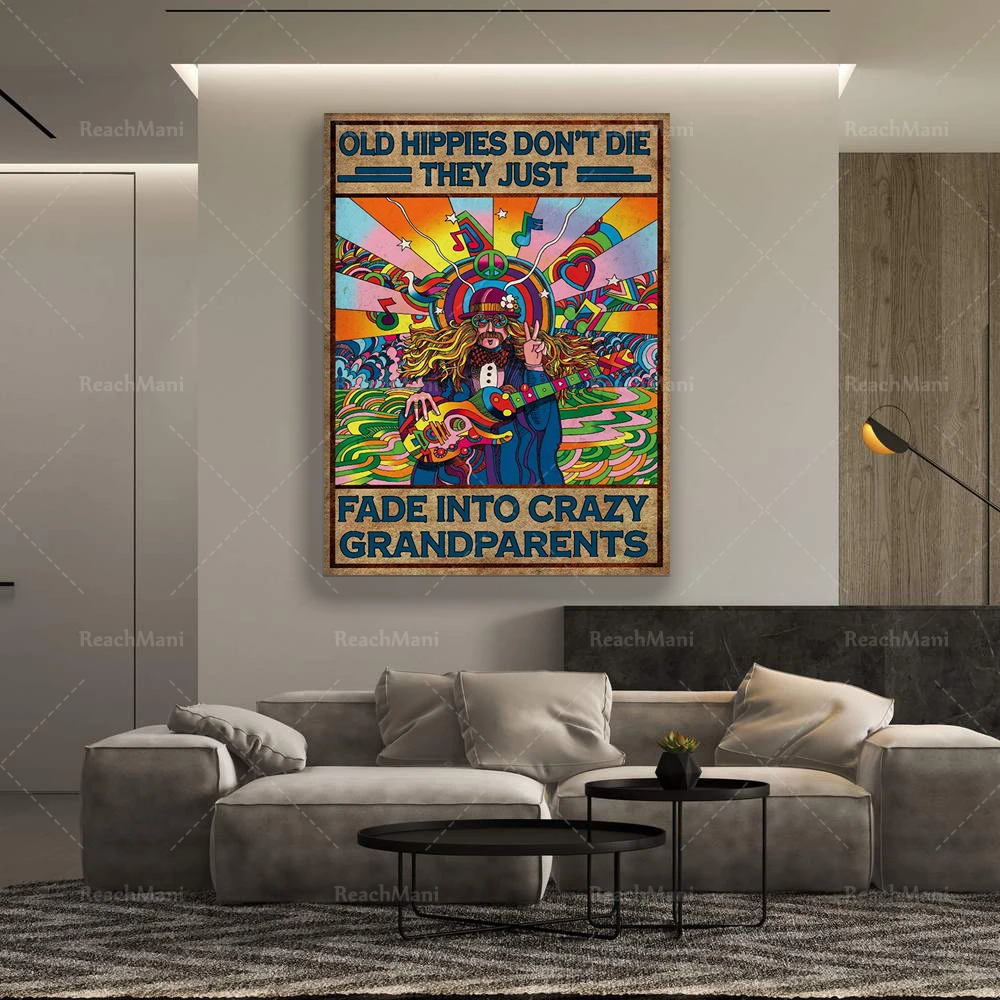 Фото Музыкальный постер, постер Old Hippies Don't Die, постер в стиле хиппи, подарок гитариста, подарок в стиле хиппи, музыкальная студия, искусство в стиле хиппи, настенное искусство для дома