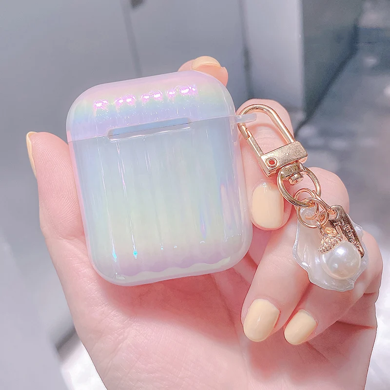 

Laser stripes hard case for Apple Airpods Pro 1 2 case protective cover Bluetooth Wireless Earphone Case with Pearl pendant