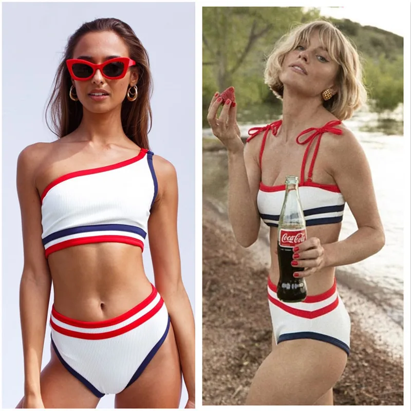 

White diagonal shoulder striped swimsuit sexy suspenders bikini high waist waist swimsuit swimming wading sports beachwear
