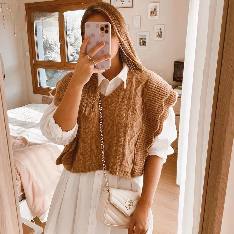 

2021 NEW Knitted Sweater Vest Women Ruffle Vintage Sleeveless V Neck Brown Waistcoat Thick Autumn Winter Twist Vest Pullover