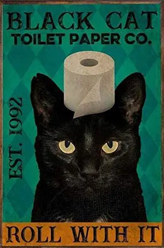 

Металлический Настенный знак, черная туалетная бумага с кошкой, оловянный знак, плакат, украшение для стены туалета дома, туалета, металличе...
