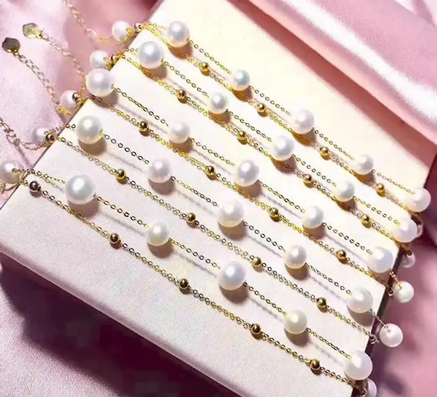 

18K Yellow Gold Bracelet Natural White Round Pearl Bracelet With Certificate
