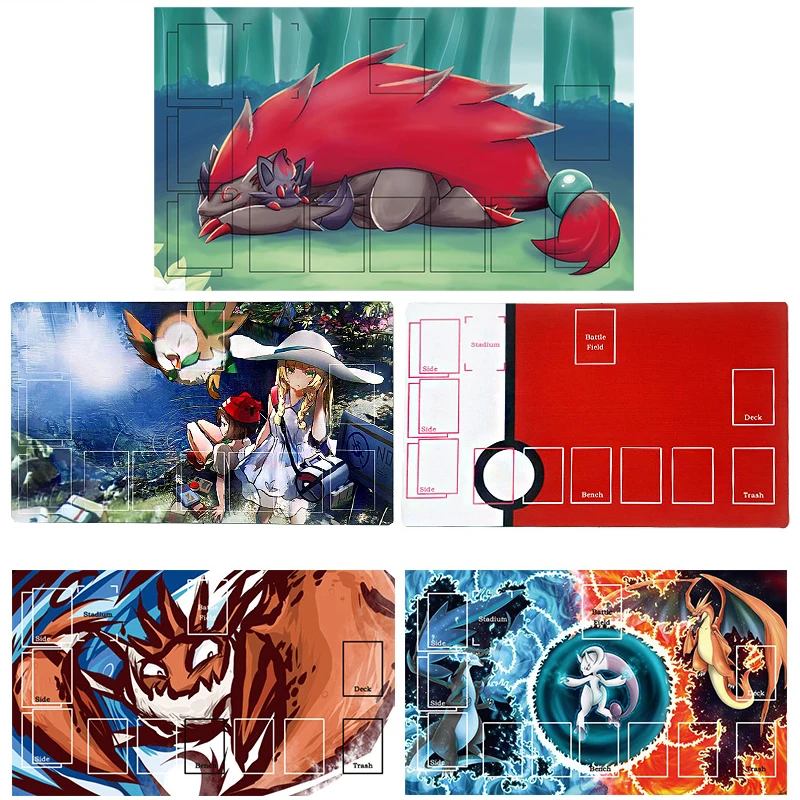 

Pokemon 600x350x1.5mm DIY PTCG Battle Card Table Mat Card Zoroark Lillie Kingler Charizard VS Mewtwo Red Double Mat Kids Toy