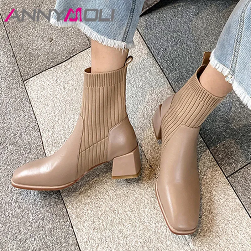 

ANNYMOLI Short Boots Women Shoes Genuine Leather High Heel Ankle Boots Square Toe Block Heels Stretch Boots Winter Apricot 33-40