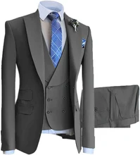 Grey/Green Casual Male Suits 3Pcs Jacket Pants Vest Peak Lapel Blazer Trousers Tailor-made Suits Dinner Party Wear For Wedding (4)