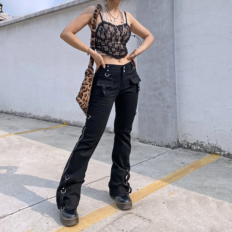 

Fashion Chic Rivet Goth Jean Black Straight-leg Pants Flare Pants Side Zipper Low Waist Trousers Casual Women Streetwear
