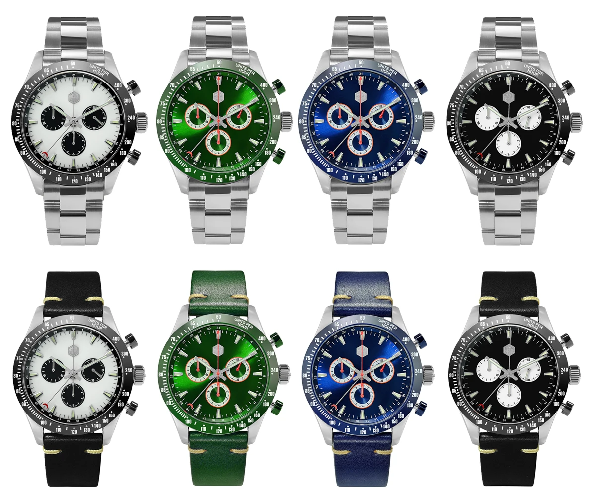 Lugyou San Martin Quartz Watch Men Chronograph Timepiece Sun ray Metal Band Sub Dials Pusher Sapphire 100m Water Resistant Glow