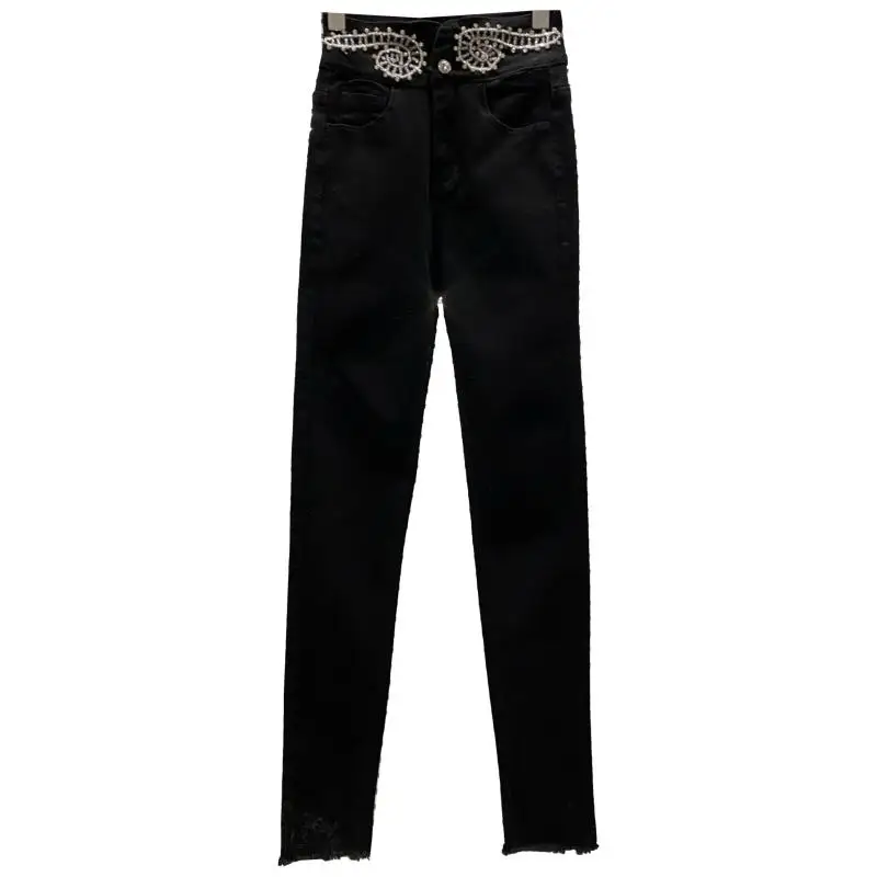 

Chimavvi 2021 Spring New Office Lady High Waist Jeans Waist Rhinestone Bead Embroidered Slim Stretch Black Pencil Pants Trousers