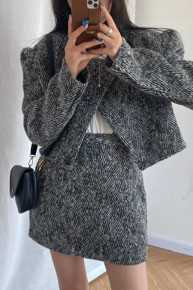 

Grey Suit Autumn And Winter New Loose Short Jacket Top High Waist Short Skirt Temperament Fashion Two Piece Suit For Women