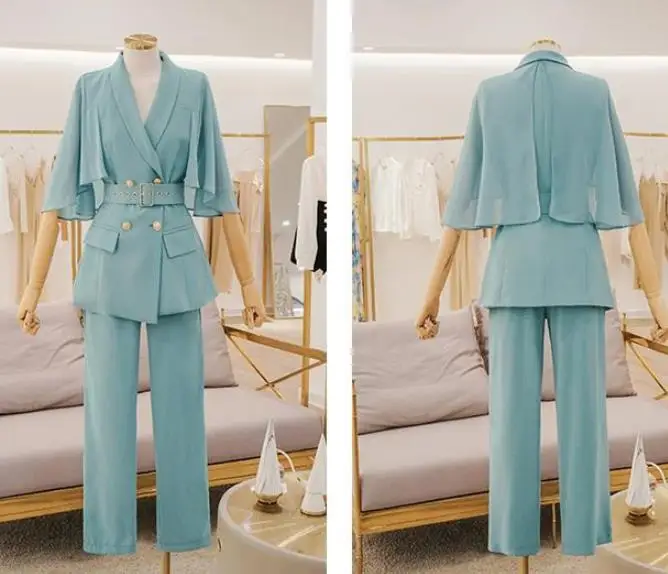 

2021 New Professional Harem Pants Two-piece Suit Cloak Blazer Suits Female Short Sleeve Blazers +Shorts 2 Piece Sets Outfits