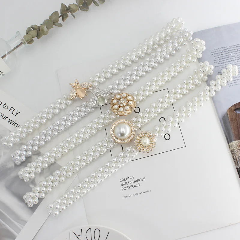

2021 Pearl Waist Belt Attractive Women Skirt Dress Pearl Chain Adjustable Size Elastic Buckle Crystal Strap Jewelry Accessories