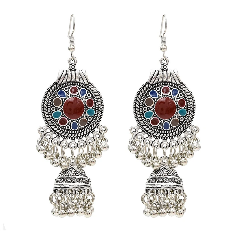 

Amador tradicional indio étnico plata gota pendientes borla para mujeres gitana borla Jhumka Jhumki pendiente colgante Declaraci