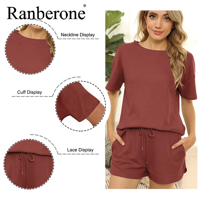Ranberone Sport Suit Female Women's Solid Color Short Sleeves With Short Two Piece Casual Home Suit Summer Clothes Matching Sets