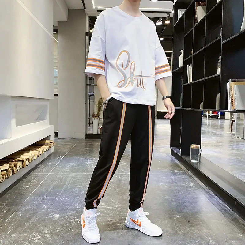 Мужской спортивный костюм на завязках свободная футболка со светоотражающими