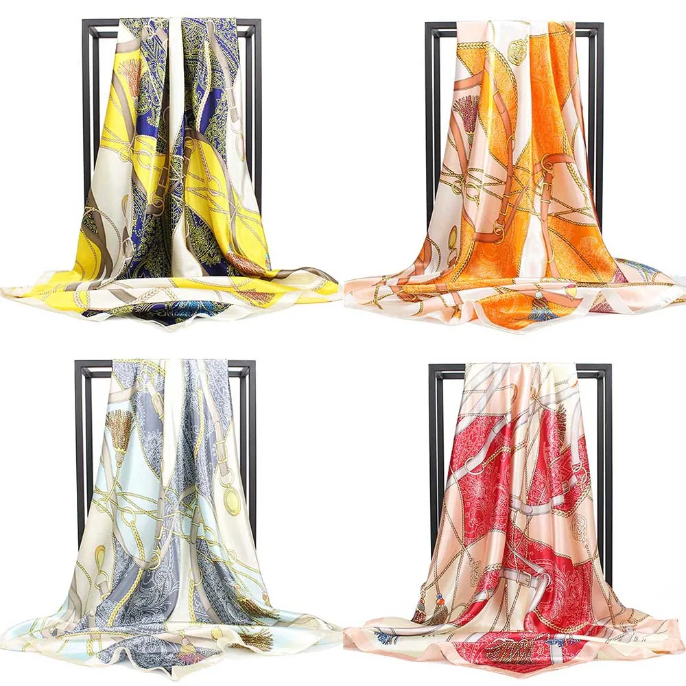 Женский атласный шарф платок квадратный шелковый с принтом цепей большие