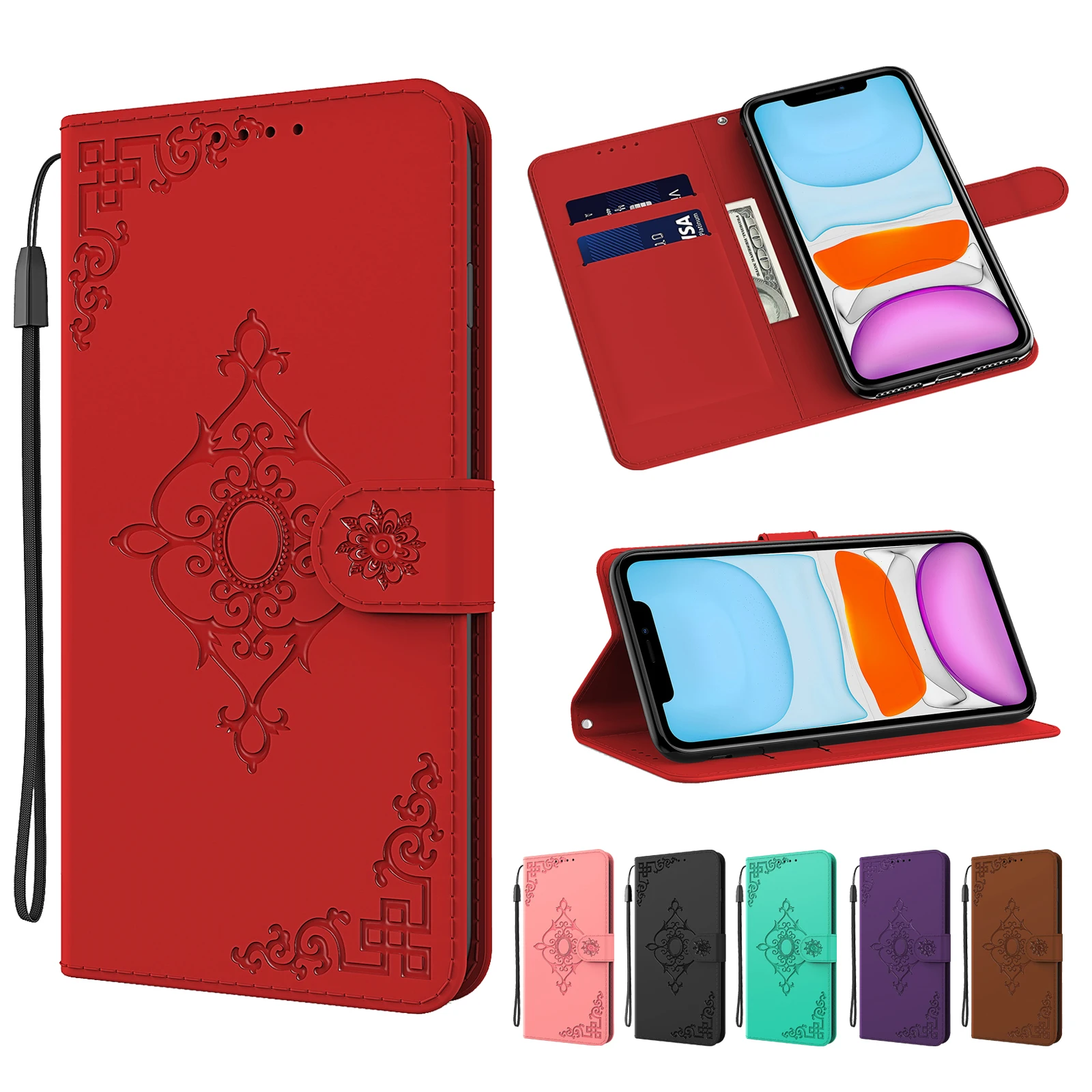 

Luxury Embossed Leather Case for iPhone 11 12 Pro Max X XS XR SE 2020 7 8 Plus Shockproof Wallet Cover Full Protection Fundas