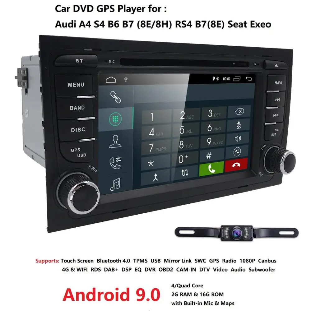 Camera1024* 600 4 ядра 2din Android 9,0 Автомобильный Dvd плеер для автомобиля Audi A4(8E/8н) 2000-2012 S4 RS4 B6 B7 сиденье Exeo gps Navi