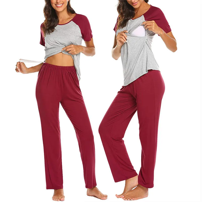 

2020 New Nursing Pajamas Set Nightie For Feeding Baby Tops Women Summer Sleepwear Pyjama Allaitement Maternity Pregnancy Clothes