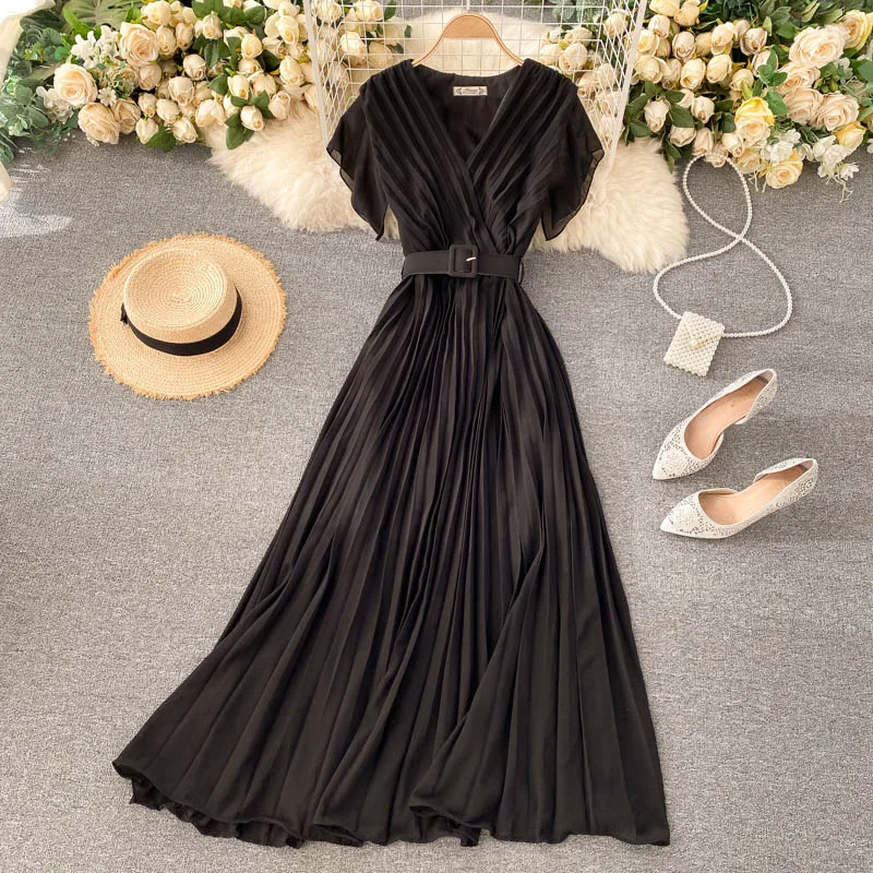 

Slim Fit Long Bohemia Chiffon Pleated Dresses 2021Summer Women Candy Color Elegant V-neck Drawstring Vestidos French Style Dress