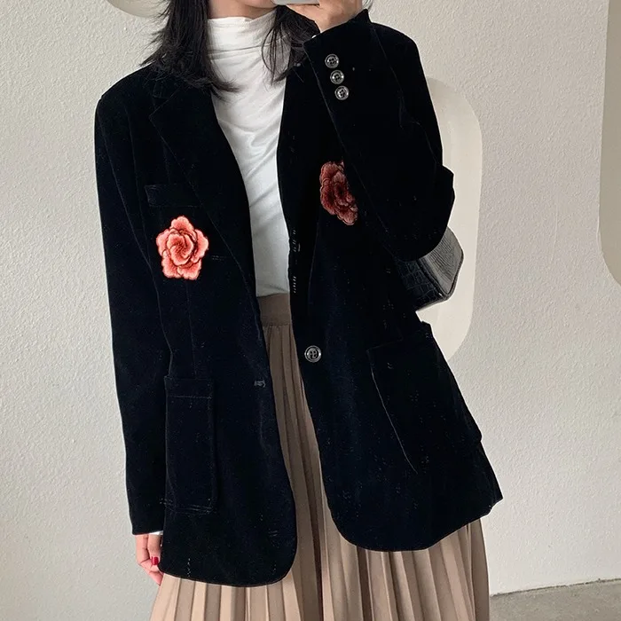 Женский бархатный костюм с цветочной вышивкой повседневный свободный блейзер