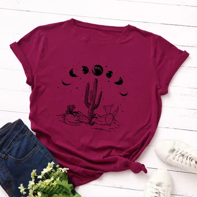 

Star Moon Cactus Print T Shirt Women Summer Casual Aesthetic Graphic Tees Plus Size 100%Cotton Tshirt Grunge Vintage Ladies Tops