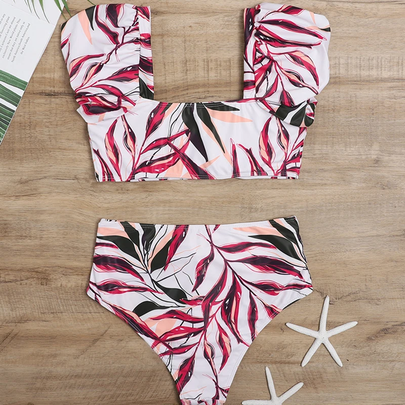 

High Waist Bikini Set Puff Sleeve Swimsuit Women 2 Pieces Leaf Print Sexy Knotted Push Up Bathing Suits Brazilian Biquini New